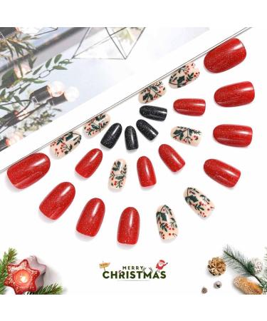 Vatocu Christmas False Nails Short Red Press on Nails - Snowflake Elk Snowman Design (24pcs) | Acrylic Stick on Nails for Women and Girls - Buy Online on GoSupps.com