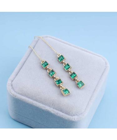 Vintage Crystal Emerald Threader Earrings | Long Tassel Dangle & Square Stud Earrings | Gold Bar Pull Through Jewelry for Women - Buy Online on GoSupps.com