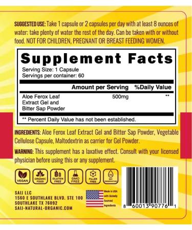 SAIJ Aloe Ferox Mill Complete Herbal Supplement 60 Vegetable Capsules to Boost Immunity and Detox Bowel and Internal Organs - Buy Online on GoSupps.com