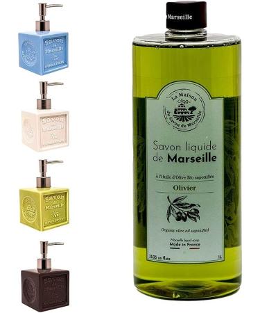Maison Du Savon De Marseille Olive oil liquid soap with green ceramic soap dispenser 1 liter refill and 300 milliliter dispenser - Buy Online on GoSupps.com