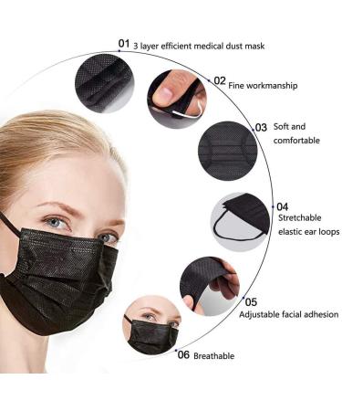 100pcs Black Disposable Face Masks - 3 Layers PLY, Hyegiir, Comfortable Elastic Earloops, Sterile & Breathable for Daily Protection, Air Pollution & Dust-Proof - Buy Online on GoSupps.com