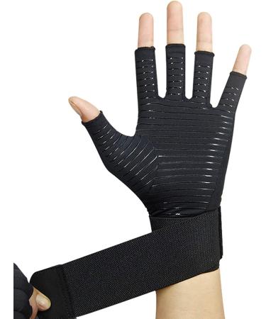 Copper Arthritis Gloves for Women and Men Compression Gloves with Strap Upgrade Breathable Non-Slip Copper Gloves for Hand Pain Relief Swelling and Carpal Tunnel Fingerless for Typing Black Small/Medium (1 Pair)