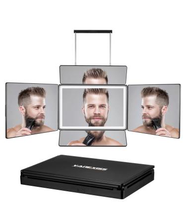 Rechargeable 5 Way Mirror, Real Glass Adjustable Trifold Mirror with Light & Telescoping Hooks for Self Hair Cutting & Styling - Portable DIY Haircut Tool to Cut, Trim or Shave Your Head & Neckline Dark Gray