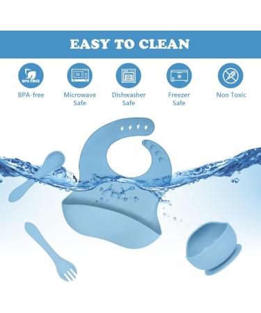 Vicloon Silicone Baby Feeding Set - 4Pcs Weaning Set with Suction Plate, Bib, Spoon & Fork | BPA-Free Toddler & Kids Bowl Set - Blue - Buy Online on GoSupps.com