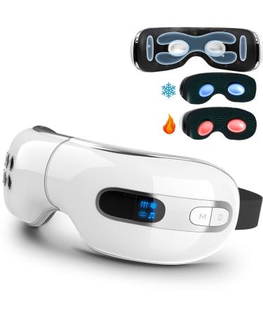 fmlave Eye Massager with Heat and Cooling for Migraines Dry Eyes Dark Circles  Rechargeable Bluetooth Music Heated Eye Mask Massager Improve Sleeping Great Gifts for Woman and Man Premium White