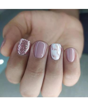 Justotry 24 pieces rose angular nails to stick on short glitter press on nails design glossy artificial nails fake nails French square fingernails artificial nails for women 30rose & glitter2