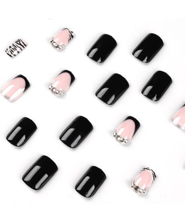 Zebra Design French Tip Square Press On Nails with Rhinestones - Medium Length False Nails for Women & Girls | Acrylic Full Cover Stick On Nails - Style 5 - Buy Online on GoSupps.com