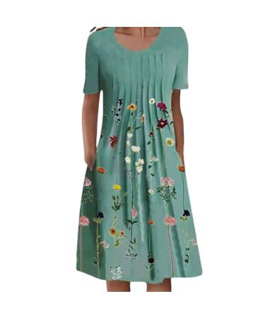 Maxi Dress for Women, Womens Crewneck Summer Tshirt Sundress Boho Short Sleeve Dresses Casual Pocket Midi Sundresses Green Small
