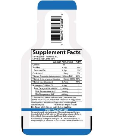 Carlson - Cod Liver Oil Grab + Go Packets, Travel Packs, Single-Serving, 1100 mg Omega-3s, Plus Vitamins A and D3, Norwegian, Wild Caught, Pouch of 15 Packets, 5 mL Each - Buy Online on GoSupps.com