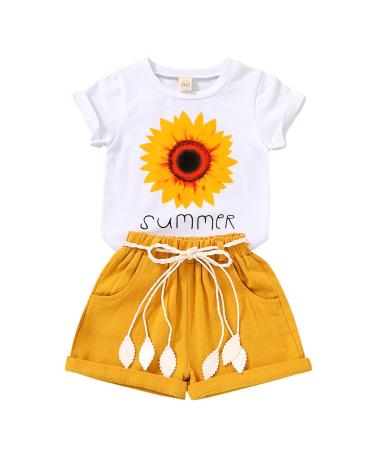 YOUNGER TREE Toddler Baby Girls Clothes Watermelon T-shirt + Linen Shorts with Belt Cute Summer Short Set 130 Sunflower