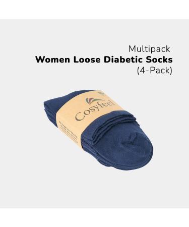 Cosyfeel Women Loose Diabetic Socks | 4-Pack Neuropathy Ankle Socks for Ladies | Super Soft Eco-Friendly Bamboo Material | Durable with Seamless Toe | Multicolour Patterns | 4 Seasons 4-7 NAVY BLUE - Buy Online on GoSupps.com