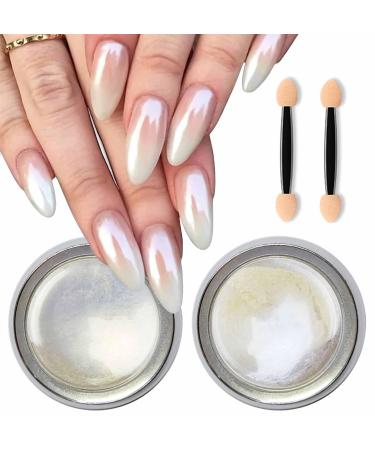 Gzmayuen 2 Boxes Pearl Chrome Powder N gel White Aurora Chroma Powder for Nail Pearl Mirror Effect Nail Powder Nail Pigment Glitter Nail Art Powder for Diy Salon Set 16