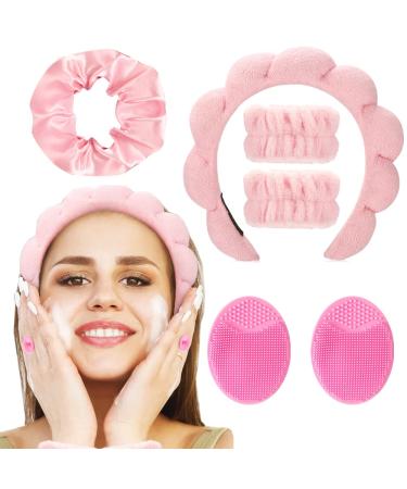 FOSUYI Makeup Headband and Towels Wrist bands for Washing Face Accessories Set Hold Hair Back for Wash Face Women Head Band Skin Care and Sponge Spa Headbands Wristband Kit (Pink)