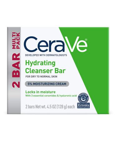 CeraVe Hydrating Cleanser Bar | Soap-Free Body and Facial Cleanser with 5% Cerave Moisturizing Cream | Fragrance-Free | 2-Pack, 4.5 Ounce Each 4.5 Ounce (Pack of 2)