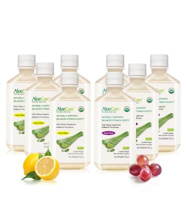 AloeCure Organic Aloe Vera Juice - 8 Bottle Sample Pack - Grape and Lemon Flavor 8x500ml