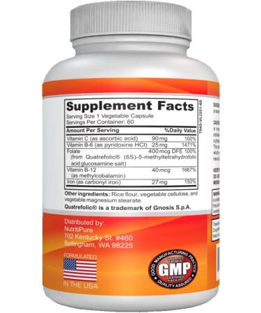 NutritiPure Iron Complex Capsules - Non-Constipating Carbonyl Iron with Quatrefolic B12, B6 & Vitamin C - 60 Caps for Women & Men - Buy Online on GoSupps.com