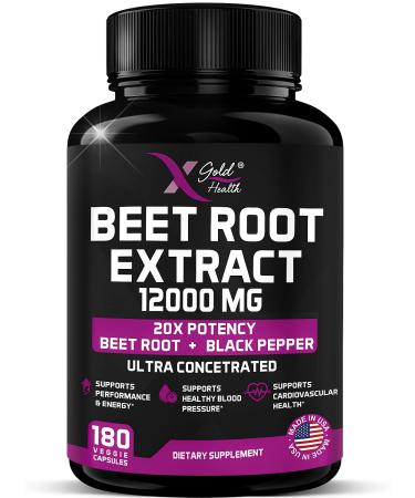 Beet Root Extract Capsules - 12000mg 20x Concentrated Beet Root Capsules Supplement w/ Black Pepper - High Nitrates - Natural Nitric Oxide Booster - Highly Concentrated & Bioavailable -180 Veggie Caps