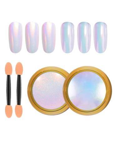 MEILINDS 2 Pcs Mermaid Chrome Nail Powder Kit- 2 Colors Neon Effect Iridescent Nails Powder, Aurora Unicorn Holographic Nail Glitter Rainbow Mica Powders Chrome Nail Art Dust Tip Manicure Pigment