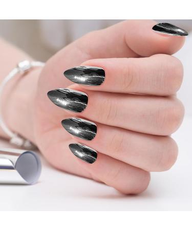 Medium Press on Nails | Shiny Reflective False Nails with Glue - Metal Plating Punk Nail Tips Black Fake Finger Nails for Women Girls Maijia - Buy Online on GoSupps.com