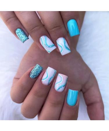 MERVF Square Press on Nails Medium Fake Nails Blue White Squoval Acrylic Nails with Glitter Lines Design 24pcs Glossy Glue on Nails for Women and Girls 034-16