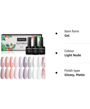 INPING Gel Nail Polish Set - 10 Colors Nude Gray White Skin Natural Dust Purple Glitter Pink Soak Off UV Varnish - Ideal for DIY Nail Art, Manicure Salon - 8ml (Light Nude) - Buy Online on GoSupps.com
