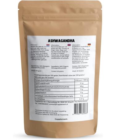 Cupplement | Ashwagandha | Powder | 60g | Organic | Adaptogen | Natural | Withanolides | Free Scoop - Buy Online on GoSupps.com