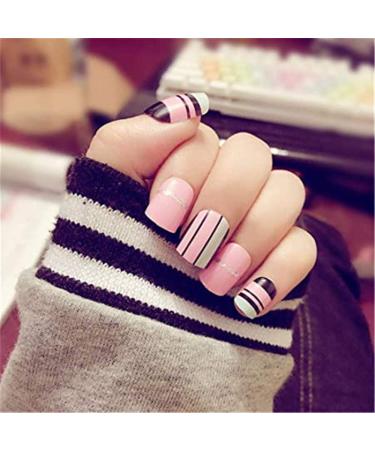 Elieeny 24Pcs/Set Pink Black Cute Fake Nails Full Cover Short Nail Tips Press on Nails with Adhesive for Women and Girls