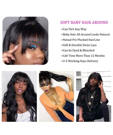 Body Wave Wigs with Bangs - Virgin Brazilian Human Hair - 180% Density None Lace Front Wig for Black Women - Glueless Machine Made (18 inch) - Buy Online on GoSupps.com