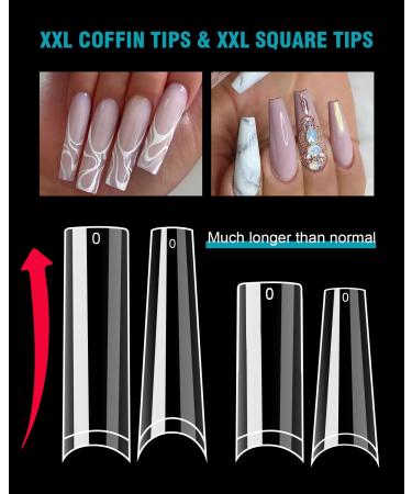 Spohom 480pcs Clear Nail Tips for Acrylic Nails - Professional Square Coffin No C Curve Extra Long Tapered Straight Fake Nails Tips - Salon Quality DIY Square and Coffin Styles - Buy Online on GoSupps.com
