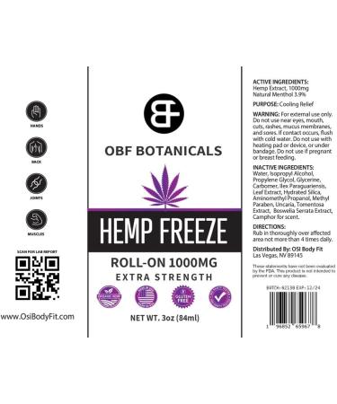 OBF BOTANICALS Hemp Roll On - 1000mg Instant Pain Relief for Muscles & Joints | Concentrated Hemp Extract & Menthol 3 Oz - Buy Online on GoSupps.com
