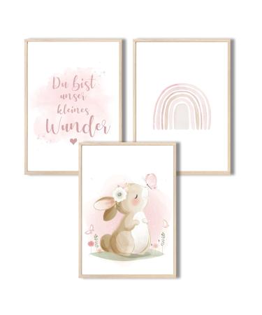 Meinbaby123 pictures children's room |3 Set Din A4 Poster Set |Murals with saying |Rainbow |Decorative children's room girl |Baby room decoration |Wall poster Premium (Hase) A4 Hase & Rainbow