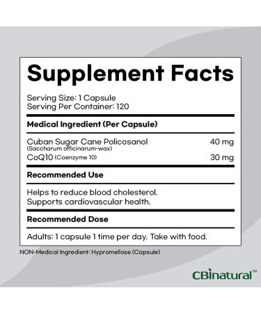 Policosanol 40mg & CoQ10 30mg - 120 Vegan Capsules | 4-Month Supply - Boost Heart Health & Energy - Buy Online on GoSupps.com