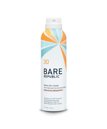 Bare Republic Mineral Sunscreen SPF 30 Sunblock Spray  Sheer and Non-Greasy Finish  Coconut Mango Scent  6 Fl Oz