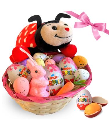 NARAMAKI Easter Gift Ideas 2024 - Wicker Basket + 3x20gr Female Surprise Kinder Eggs + Ladybug + Mini Eggs and Polystyrene Rabbit Easter Decorations