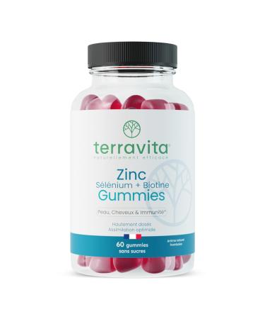 Gummies ZINC avec Biotine et S l nium | Pousse des Cheveux et des Ongles | Beaut de la Peau | 60 Gommes Framboise Sans Sucre (ni g lules ni comprim s) | Cure 30 jours | Made in France | Terravita