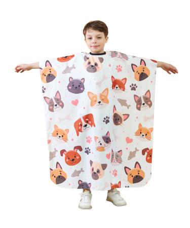 Barber Cape for Kids, Iusmnur Professional Hair Salon Cape with Adjustable Neck Strap, Shampoo Hair Cutting Cape for Salon and Home - 51 x 36 inches (Cartoon Dog & Cat Pattern) White