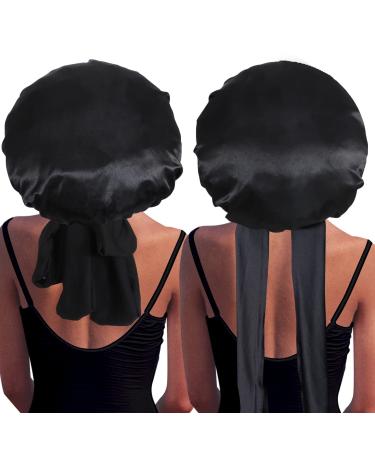 Bonnet with Tie Band 2 Pcs Satin Bonnets for Black Women Silk Bonnet for Sleeping Adjustable Extra Large Hair Bonnet Jumbo Bonnet Sleep Bonnet for Curly Hair Women Hair Care(Black)