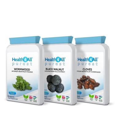 Health4All Wormwood Black Walnut Cloves Digestive Dewormer Detox Cleanse for Humans Set 3x90 Capsules. Vegan. Purest - no additives detox supplement
