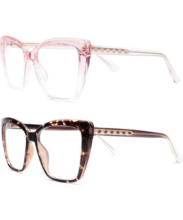 AMOMOMA TR90 Oversized Blue Light Reading Glasses Women | Stylish Square Cat Eye | AM6031 C5 Pink Crystal + C6 Tortoise 2.0x - Buy Online on GoSupps.com
