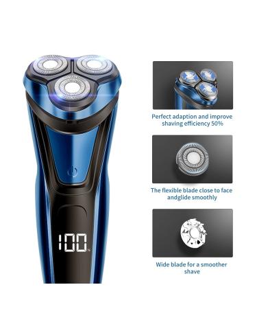Rotary Electric Razor for Men with Pop-up Trimmer, LCD Display, Rechargeable Cordless & Waterproof - Blue - Buy Online on GoSupps.com