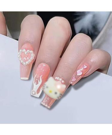 24Pcs Y2K Cute Kawaii French Flame Press on Nails Long Coffin Hot Pink False Nails with 3D Nail Charms - Acrylic Glue On Nails with Cartoon, Heart, Pearl, Bow, Glitter & Rhinestone Designs - Buy Online on GoSupps.com