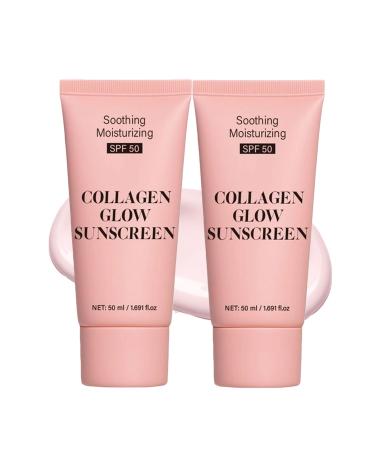 Collagen Sunscreen for Face SPF 50 Hydrating Facial Sunscreen with Collagen Broad Spectrum UVA/UVB Protection Natural Glow Effect Non-Greasy & No White Cast Travel Size (2PC)