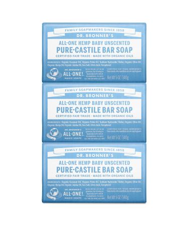 Dr. Bronner s - Pure-Castile Bar Soap (Baby Unscented 5 ounce 3-pack) - Made with Organic Oils For Face Body Hair Gentle for Sensitive Skin Babies No Added Fragrance Biodegradable Vegan