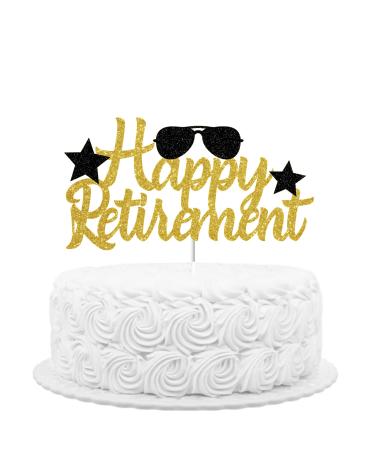 Happy Retirement Cake Topper Black Gold Glitter Cake Decorations for Women Men Retirement Cakes Cupcakes Cake Topper Picks for Retired Cake Decoration Party Supplies