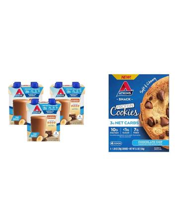 Atkins Chocolate Banana Protein Shake 15g Protein 12 Count + Atkins Chocolate Chip Protein Cookie Protein Dessert 4 Count