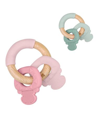 Kikkaboo teething ring keychain silicone beech wood teething aid grasping toy color: pink