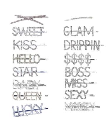 16 Pieces Bling Rhinestone Letter Hair Clips Word Hairpins Crystal Luxury Hair Barrettes Tools Headwear Hair Accessories for Women Girls (16 PCS Silver)