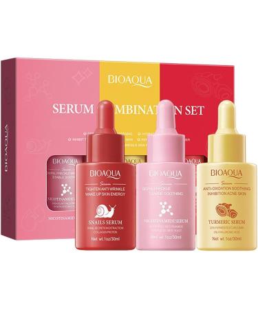 BIOAQUA 3in1 Facial Serum Combination Set Moisturizing Nicotinamide Turmeric Snail Secretion Anti-Oxidation Hydrate Anti-Wrinkle Tender Face Skin 3x 30ml / 1fl.oz