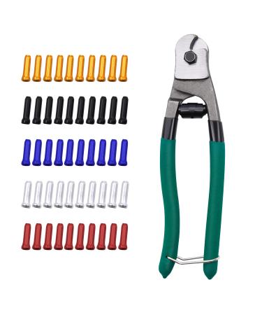 AYQWE Bike Cable End Caps with Cable Cutter Set, 50pcs 5 Colors Cable End Crimps Brake Cable End Caps and Stainless Steel Wire Rope Aircraft Bicycle Cable Cutter Up to 3/16"
