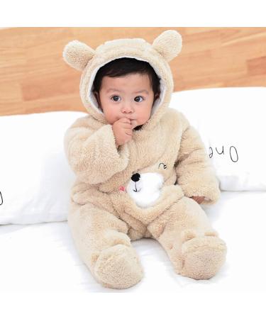 Puseky Newborn Baby Cartoon Bear Snowsuit | Winter Coat Fleece Hooded Footed Romper | Unisex Bodysuit 3-6 Months Khaki - Buy Online on GoSupps.com